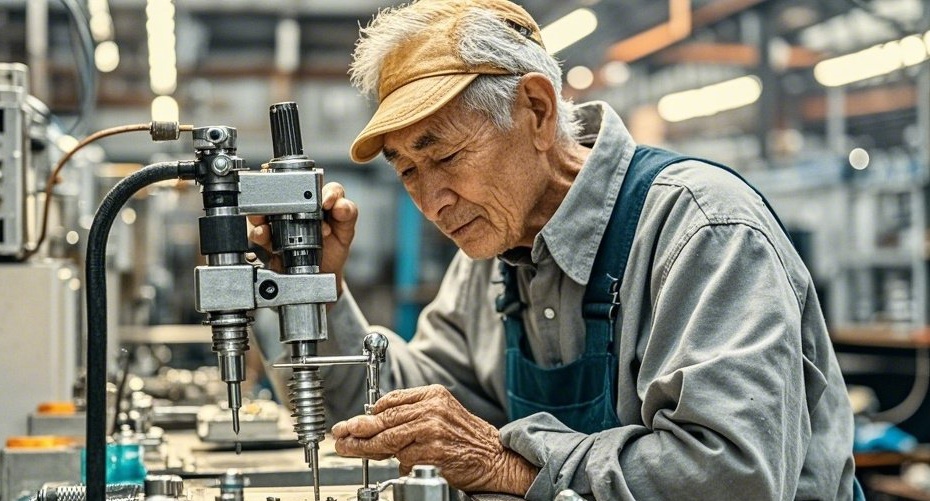 年邁的螺絲工,在車間裡,生產(chǎn)線上勞累的鎖付精密螺絲.jpg